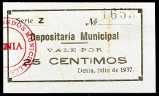 Denia (Alicante). Depositaria Municipal. 25 céntimos. (KG. 316a) (T. 696e) (RGH. 2217). Serie Z. Escaso así. EBC.