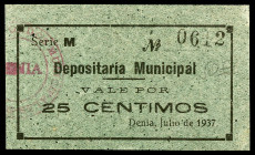 Denia (Alicante). Depositaria Municipal. 25 céntimos. (KG. 316 var serie) (T. 695c) (RGH. 2216). Serie M. Escaso así. EBC.