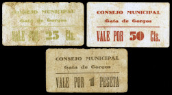 Gata de Gorgos (Alicante). 25, 50 céntimos y 1 peseta. (KG. 383a y falta) (T. 792 a 794) (RGH. 2629 a 2631). 3 cartones, serie completa, uno con resto...
