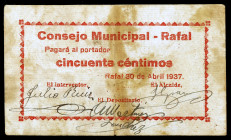 Rafal (Alicante). 50 céntimos. (KG. 628) (T. 1205) (RGH. 4453). Manchitas. Muy raro. BC+.