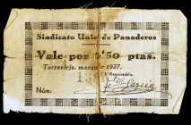 Torrevieja (Alicante). Sindicato Único de Panaderos. 50 céntimos. (KG. falta) (RGH. 5143 (sin fotografia)). Cosido en la época. Muy raro. (BC).