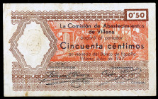Villena (Alicante). La Comisión de Abastecimientos. 50 céntimos. (KG. 825a) (T. 1528c) (RGH. 5763). Serie B, nº 00091. MBC-.