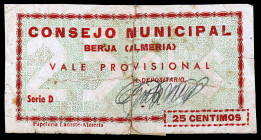 Berja (Almería). 25 céntimos. (KG. 178) (RGH. 1187). Roto y pegado en la época. (BC+).