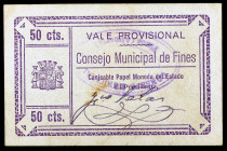 Fines (Almería). 50 céntimos. (KG. falta) (RGH. 2447). Rarísimo. MBC+.