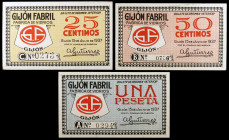 Gijón (Asturias). Gijón Fabril. Fábricade vidrios. 25, 50 céntimos y 1 peseta. (KG. 387) (RGH. 2659 a 2661). 3 billetes, serie completa. EBC.