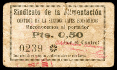 Gijón (Asturias). Sindicato de la Alimentación. Control de la Sección Cafés Económicos. 50 céntimos. (KG. falta) (RGH. 2690, sin fotografía). Cartón n...