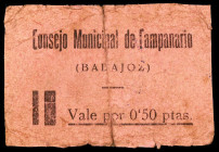 Campanario (Badajoz). 50 céntimos. (KG. 217) (RGH. 1447). Cartón. Roto y pegado en la época. Muy raro. BC.