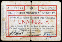 Nules (Castellón). 1 peseta. (KG. 541) (T. 1022) (RGH. 3875). Roto y pegado en la época. Muy raro. BC.