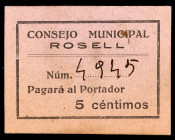 Rosell (Castellón). 5 céntimos. (KG. 652b falta valor) (T. 1265) (RGH. 4585). Cartón. Muy raro y más así. EBC+.