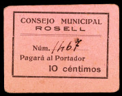 Rosell (Castellón). 10 céntimos. (KG. 652b falta valor) (T. 1264) (RGH. 4586). Cartón. Muy raro. MBC+.