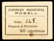 Rosell (Castellón). 50 céntimos. (KG. 652b) (T. 1263) (RGH. 4587). Cartón nº 145. Dos manchitas. Muy raro y más así. EBC-.