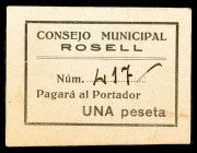Rosell (Castellón). 1 peseta. (KG. 652b var) (T. falta) (RGH. falta). Cartón de color crema, nº 417, (no azul como indican los libros de referencia). ...