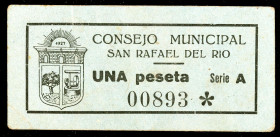 San Rafael del Río (Castellón). 1 peseta. (KG. 678) (T. 1312a) (RGH. 4704). Cartón. Muy raro y más así. EBC-.
