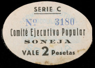 Soneja (Castellón). Comité Ejecutivo Popular. 2 pesetas. (KG. falta) (T. 1350) (RGH. 4909). Cartón ovalado. Muy raro. MBC-.