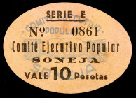 Soneja (Castellón). Comité Ejecutivo Popular. 10 pesetas. (KG. falta) (T. falta) (RGH. 4911). Cartón ovalado. Rarísimo y más así. EBC+.