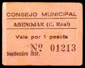 Abenojar (Ciudad Real). 1 peseta. (KG. 49) (RGH. 25). Cartón. Restos de papel pegado. Raro. MBC.
