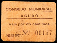 Agudo (Ciudad Real). 25 céntimos. (KG. falta) (RGH. 81). Cartón, nº 177. Raro. MBC-.