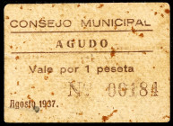 Agudo (Ciudad Real). 1 peseta. (KG. 13) (RGH. 83). Cartón. Manchitas. Raro. MBC-.