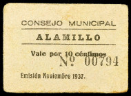 Alamillo (Ciudad Real). 10 céntimos. (KG. 20a) (RGH. 119). Cartón. Raro. MBC-.