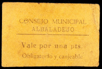 Albaladejo (Ciudad Real). 1 peseta. (KG. 23) (RGH. 149). Cartón. Raro. BC+.