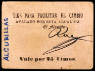 Alcubillas (Ciudad Real). 25 céntimos. (KG. falta) (RGH. 398). Cartón. Nombre manuscrito con posterioridad. Raro. MBC-.