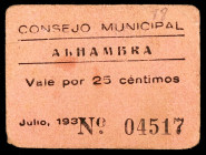Alhambra (Ciudad Real). 25 céntimos. (KG. 76) (RGH. 502). Cartón. Raro. MBC-.