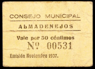 Almadenejos (Ciudad Real). 50 céntimos. (KG. 82a) (RGH. 544). Cartón. Raro. MBC-.