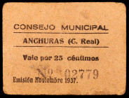 Anchuras (Ciudad Real). 25 céntimos. (KG. falta) (RGH. 685). Cartón. Manchitas. Muy raro. MBC.