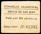Arenas de San Juan (Ciudad Real). 25 céntimos. (KG. falta) (RGH. 746). Cartón. Raro. MBC.