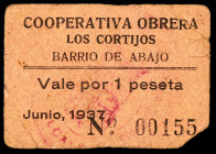 Barrio de Abajo (Ciudad Real). Cooperativa Obrera Los Cortijos. 1 peseta. (KG. 130) (RGH. falta). Cartón, nº 00155. Una esquina rota. Muy raro. MBC-....