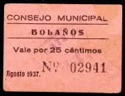 Bolaños (Ciudad Real). 25 céntimos. (KG. 187) (RGH. 1255). Cartón. Raro. MBC-.