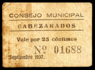 Cabezarados (Ciudad Real). 25 céntimos. (KG. A201) (RGH. 1358). Cartón. Mamchitas. Muy raro. MBC-.