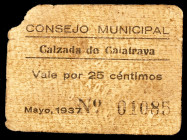 Calzada de Calatrava (Ciudad Real). 25 céntimos. (KG. 2119 (RGH. 1434). Cartón. Una esquina rota. Raro. BC+.