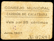 Carrión de Calatrava (Ciudad Real). 25 céntimos. (KG. 247) (RGH. 1676). Cartón. Manchitas. Raro. MBC-.