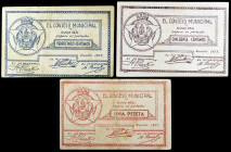 Ciudad Real. 25, 50 céntimos y 1 peseta. (KG. 281) (RGH. 1980 a 1982). 3 billetes, serie completa. BC+/EBC-.