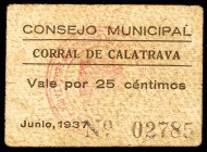 Corral de Calatrava (Ciudad Real). 25 céntimos. (KG. 290) (RGH. 2045). Cartón. Raro. MBC-.