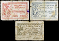 Santa Cruz de Mudela (Ciudad Real). 25, 50 céntimos y 1 peseta. (KG. 682) (RGH. 4730 a 4732). Serie completa, todos los de la localidad. Escasos. BC/B...
