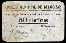 Belalcázar (Córdoba). 50 céntimos. (KG. 138) (RGH. 949). Cartón, sin numeración en reverso. Manchitas. Raro. MBC+.