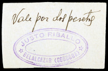 Belalcázar (Córdoba). Justo Riballo. 2 pesetas. (KG. falta) (RGH. 945). En reverso sólo el sello tampón del Comité de Defensa de la República. Escaso....