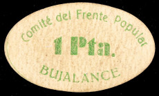 Bujalance (Córdoba). Comité del Frente Popular. 1 peseta. (KG. 194) (RGH. 1302). Cartón ovalado. Muy raro. MBC.