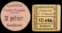 Bujalance (Córdoba). Comité del Frente Popular. 10 céntimos y 2 pesetas. (KG. 194) (RGH. 1298 (variante color) y 1303). 2 cartones, uno redondo. Raros...