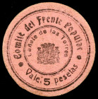 Cañete de las Torres (Córdoba). Comité del Frente Popular. 5 pesetas. (KG. 237) (RGH. 1596). Cartón redondo. Raro. MBC+.