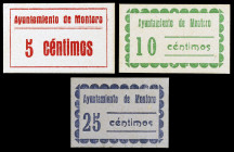 Montoro (Córdoba). 5, 10 y 25 céntimos. (KG. falta) (RGH. 3669 a 3671). 3 cartones. Ex Áureo 27/05/1999, nº 950. Muy raros y más así. EBC/EBC+.
