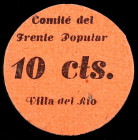 Villa del Río (Córdoba). Comité del Frente Popular. 10 céntimos. (KG. 787 falta valor) (RGH. 5490 var). Cartón redondo. Anverso color rojo anaranjado,...
