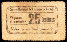 Villanueva de Córdoba (Córdoba). 25 céntimos. (KG. 805) (RGH. 5635). Cartón. Escaso. BC.