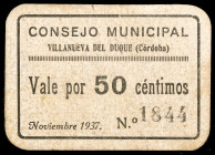 Villanueva del Duque (Córdoba). 50 céntimos. (KG. 809a) (RGH. 5675 var (indica color blanco y es gris)). Cartón. Muy raro y más así. EBC-.