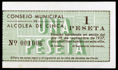 Alcolea de Cinca (Huesca). 1 peseta. (KG. 53) (RGH. 346c). Nº 001006. Sin sello ni firmas. Margen lateral izquierdo cortado. Resto de imprenta. S/C-.