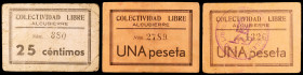 Alcubierre (Huesca). Colectividad Libre. 25 céntimos y 1 peseta (dos). (KG. 57 y falta) (RG H. 392, 394 y 394 var). 3 cartones, uno de peseta con el t...
