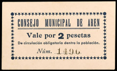 Arén (Huesca). 2 pesetas. (KG. 104) (T. 52a). Cartón. Raro y más así. EBC+.