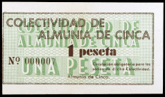 Almunia de Cinca (Zaragoza). Colectividad. 1 peseta. (KG. 92) (T. 34a) (RGH. 630a). Nº 000007. Sin tampón. Margen izquierdo cortado. Resto de imprenta...